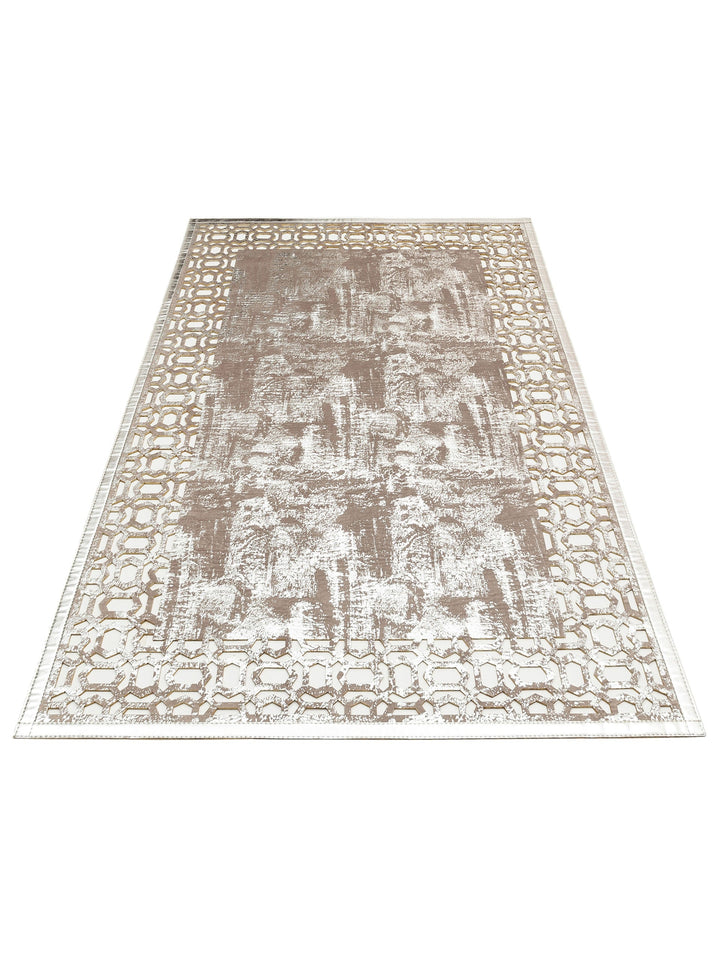 Gravür Klasik Ve Modern İşleme ve Oymaya Sahip Parlak Bordürlü Suni Deri Halı 02 GREY SILVER - Carpetdocia