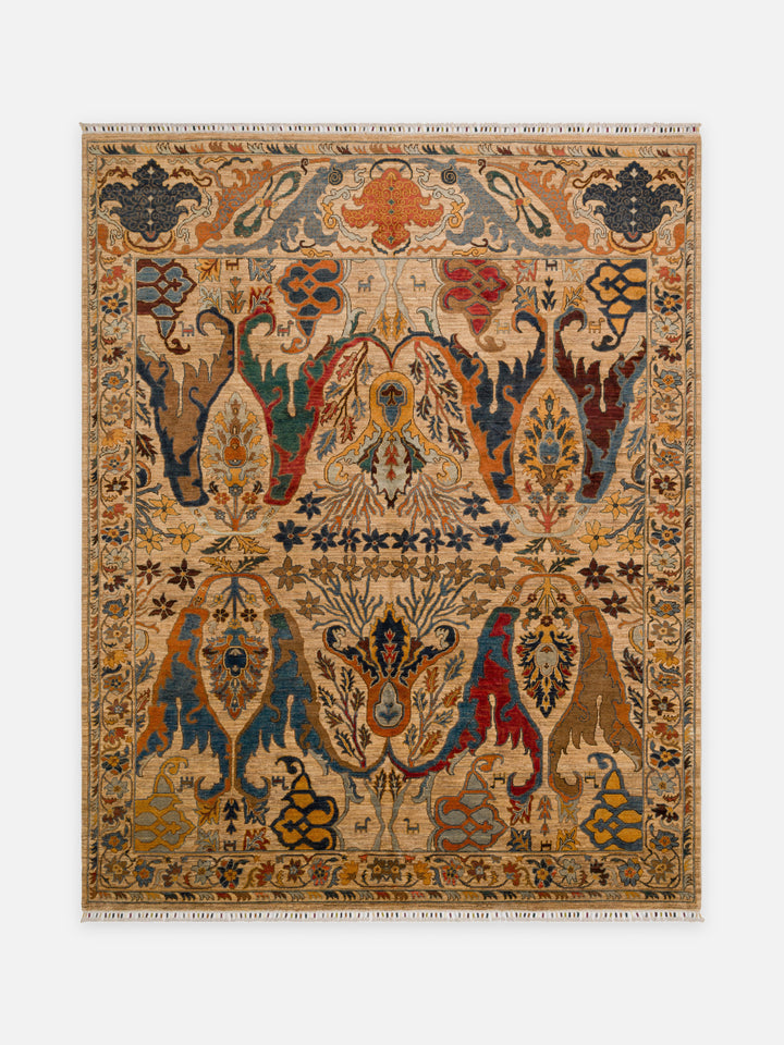El dokuma Afgan halı bej figürlü cennet bahçesi 246x308 cm kuşbakışı tam görünüm