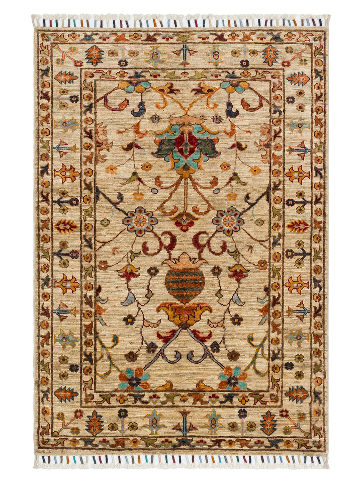 El dokuma Afgan halı krem bitkisel desen 85x125 cm