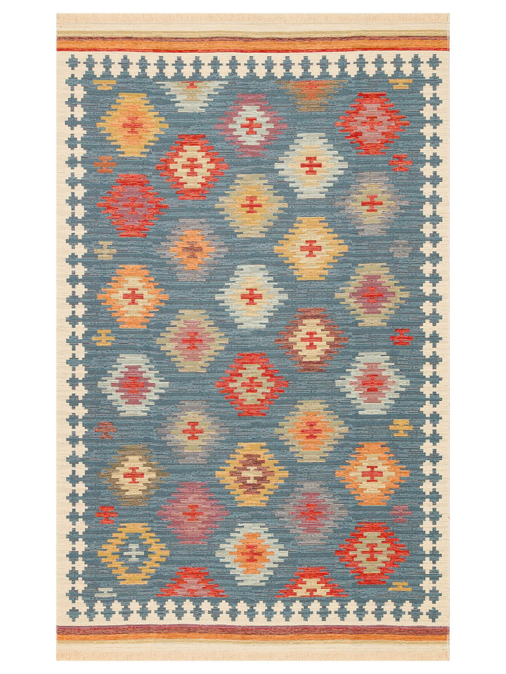 Rota Yıkanabilir, Çift Taraflı Kullanıma Uygun Yumuşak Tuşeli Otantik Kilim 04 NAVY - Carpetdocia