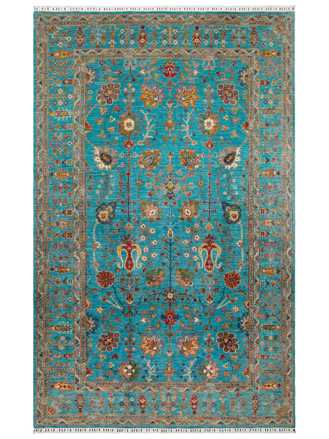 El dokuma Afgan halı turkuaz ağaç-ı hayat kuşbakışı 198x316 cm