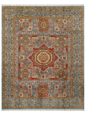 El dokuma Afgan halı açık petrol mavisi Memluk madalyon kuşbakışı 246x307 cm