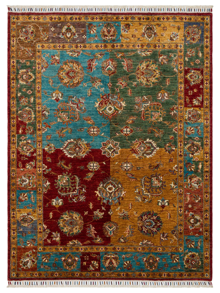 El dokuma Afgan halı çok renkli bitkisel panel desen 158 x 201 cm kuşbakışı