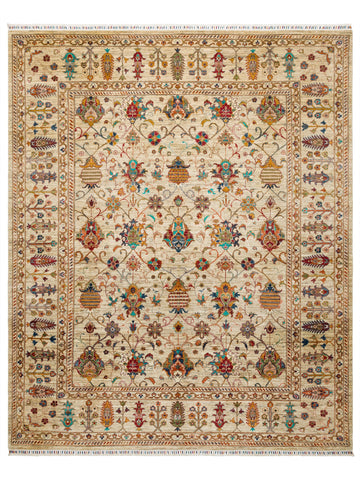 El dokuma Afgan halı krem Şah Abbas palmet rozet kuşbakışı 250x305 cm