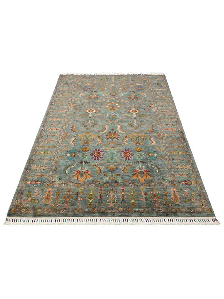 El dokuma Afgan halı çağla yeşili bitkisel desen 159x212 cm