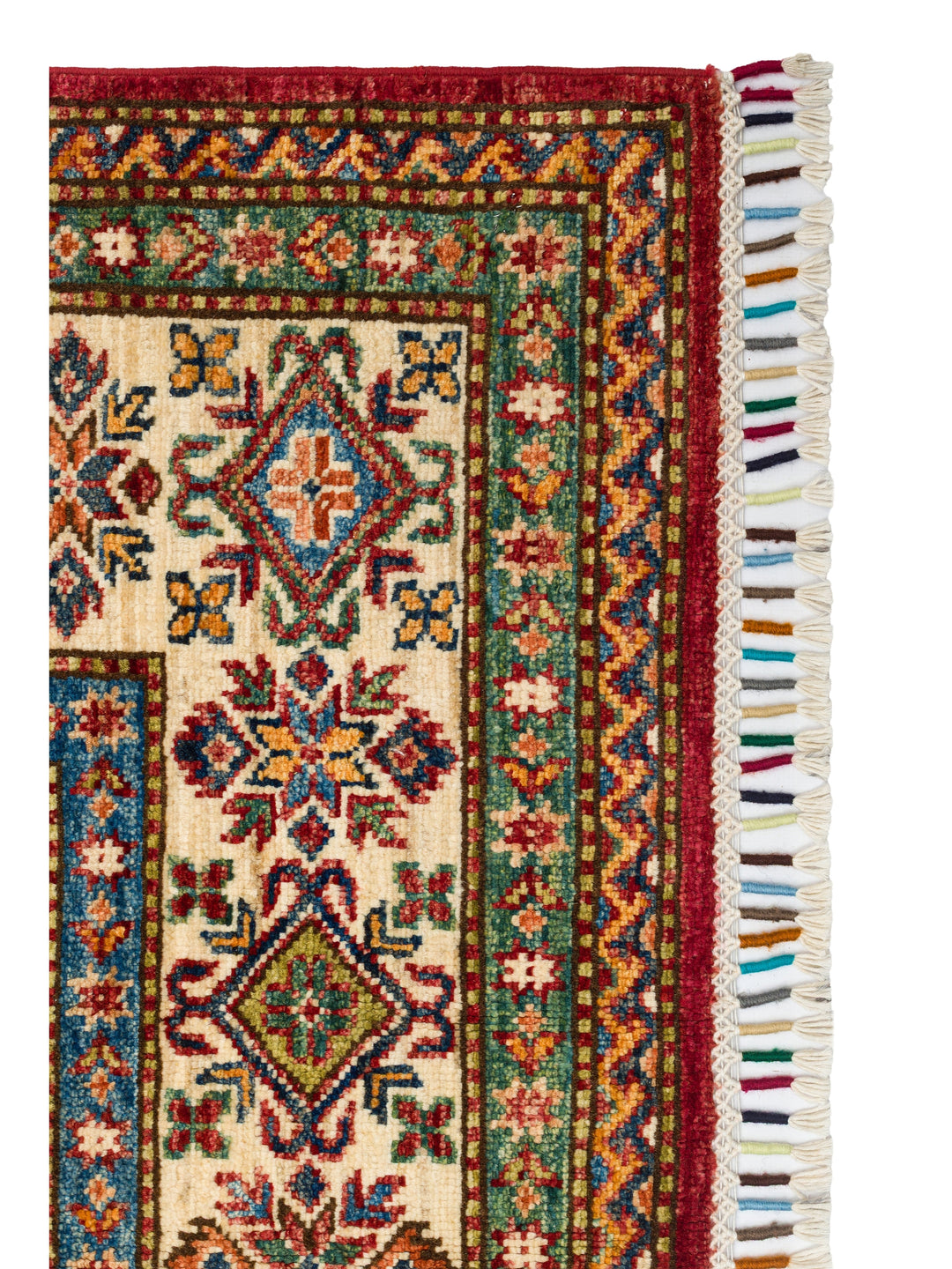 El dokuma Afgan Kazak halı kırmızı geometrik madalyon 171 x 244 cm detay