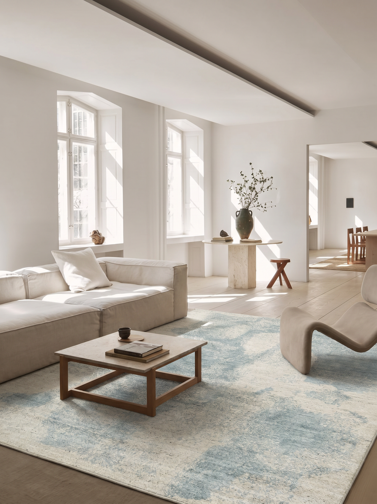 Palette Serie 100% Naturwolle, Viskose, Baumwolle Handgewebter Skandinavischer Teppich für Wohnzimmer, Sitzbereich BEIGE BLUE  