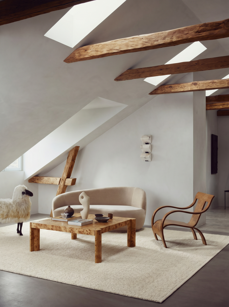 Tappeto da salotto, soggiorno e camera da letto scandinavo della serie Puralana, tessuto a mano in lana naturale al 100% e viscosa IVR